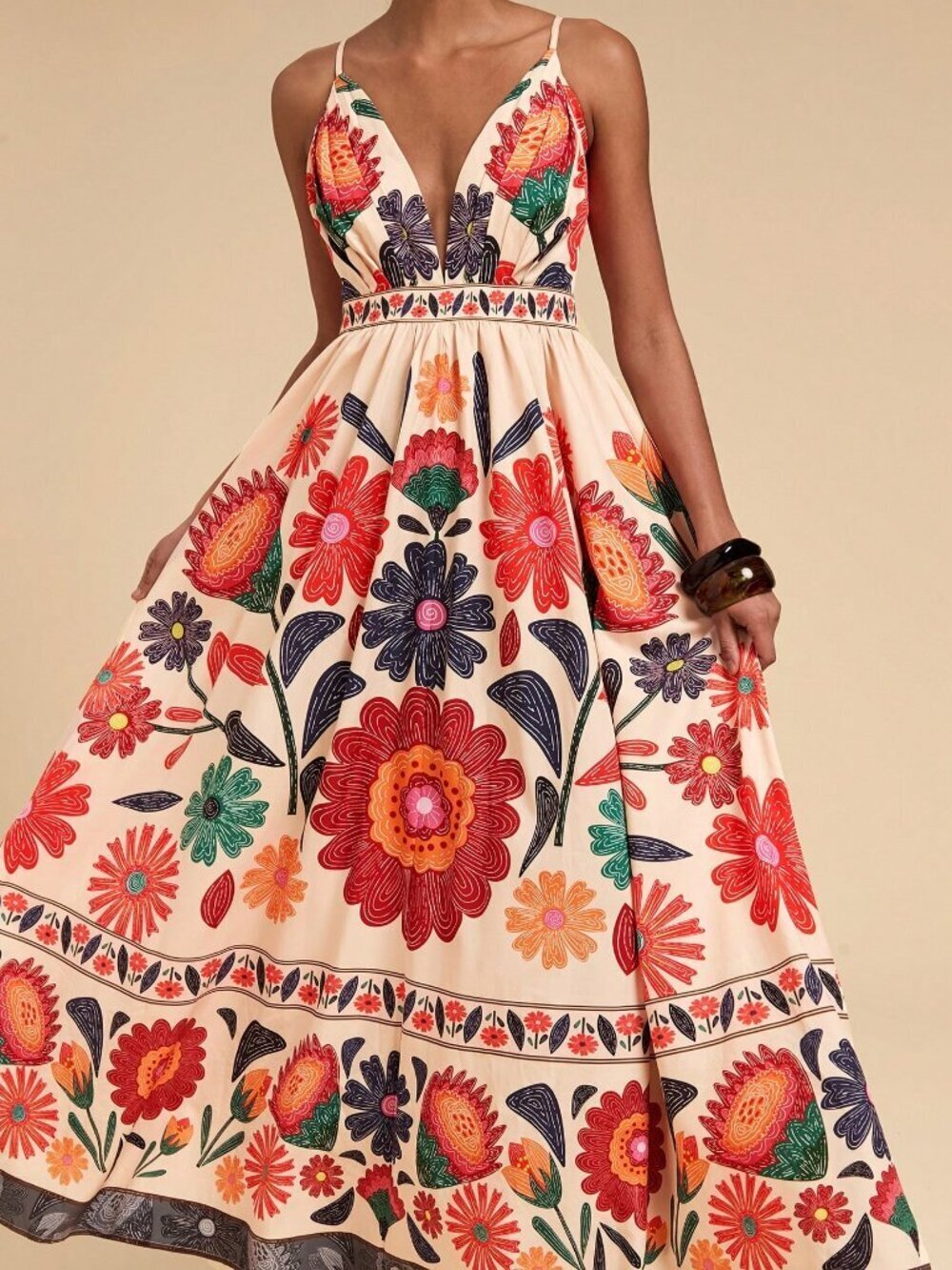 Multicolor Boho Beach Women's Floral Print Plunging Neck Spaghetti Strap Dress